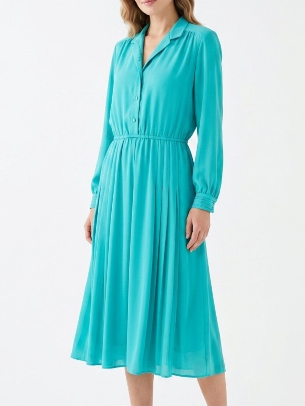 Vintage Teal Turquoise Long Sleeve Midi Dress